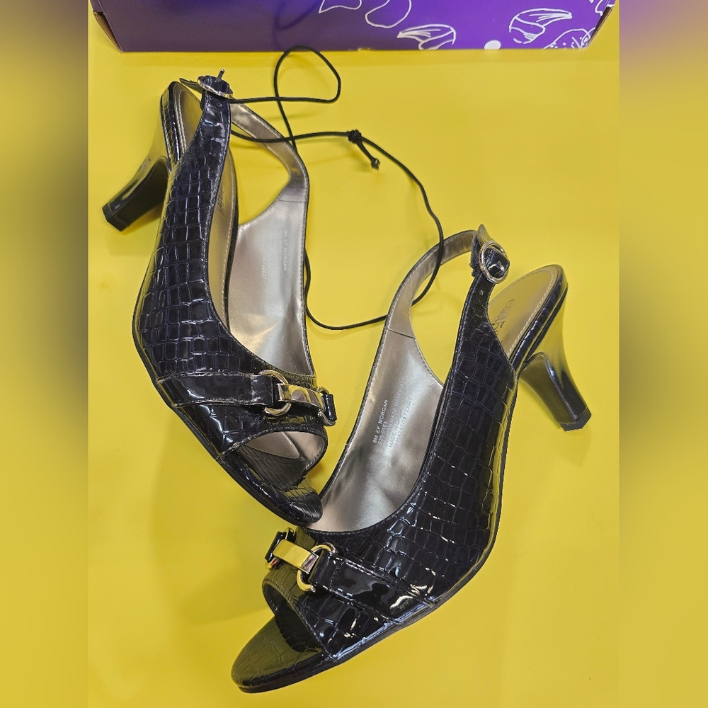 East 5th Black Croc-Embossed Slingback Heels